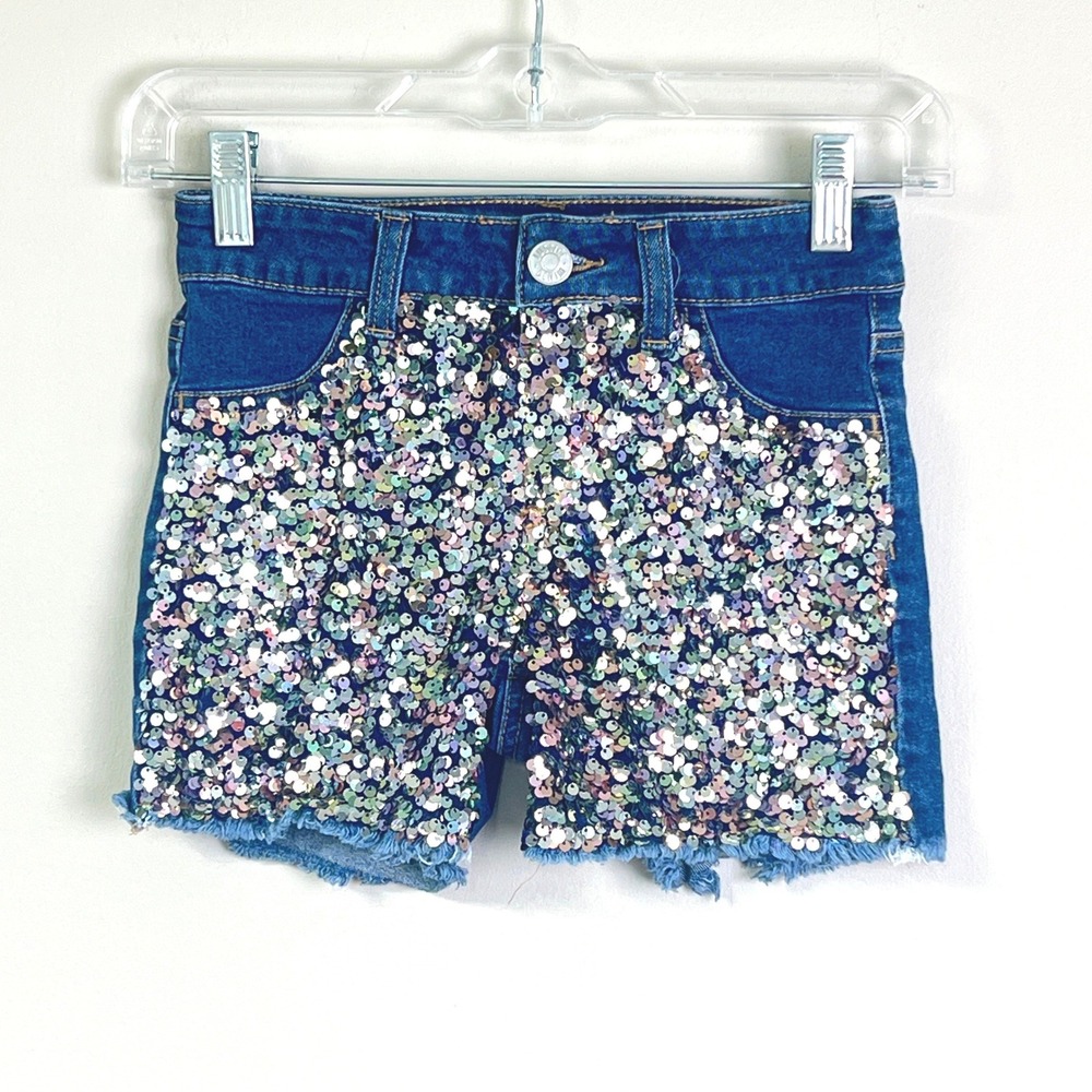 Justice Sparkle Sequin Shorts Girls 10  Glam Bling Blue Denim Frayed Hem Sparkly
